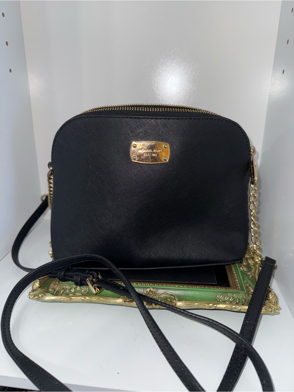 STUFFED Michael Kors Black Saffiano Dome Crossbody with Gold Hardware